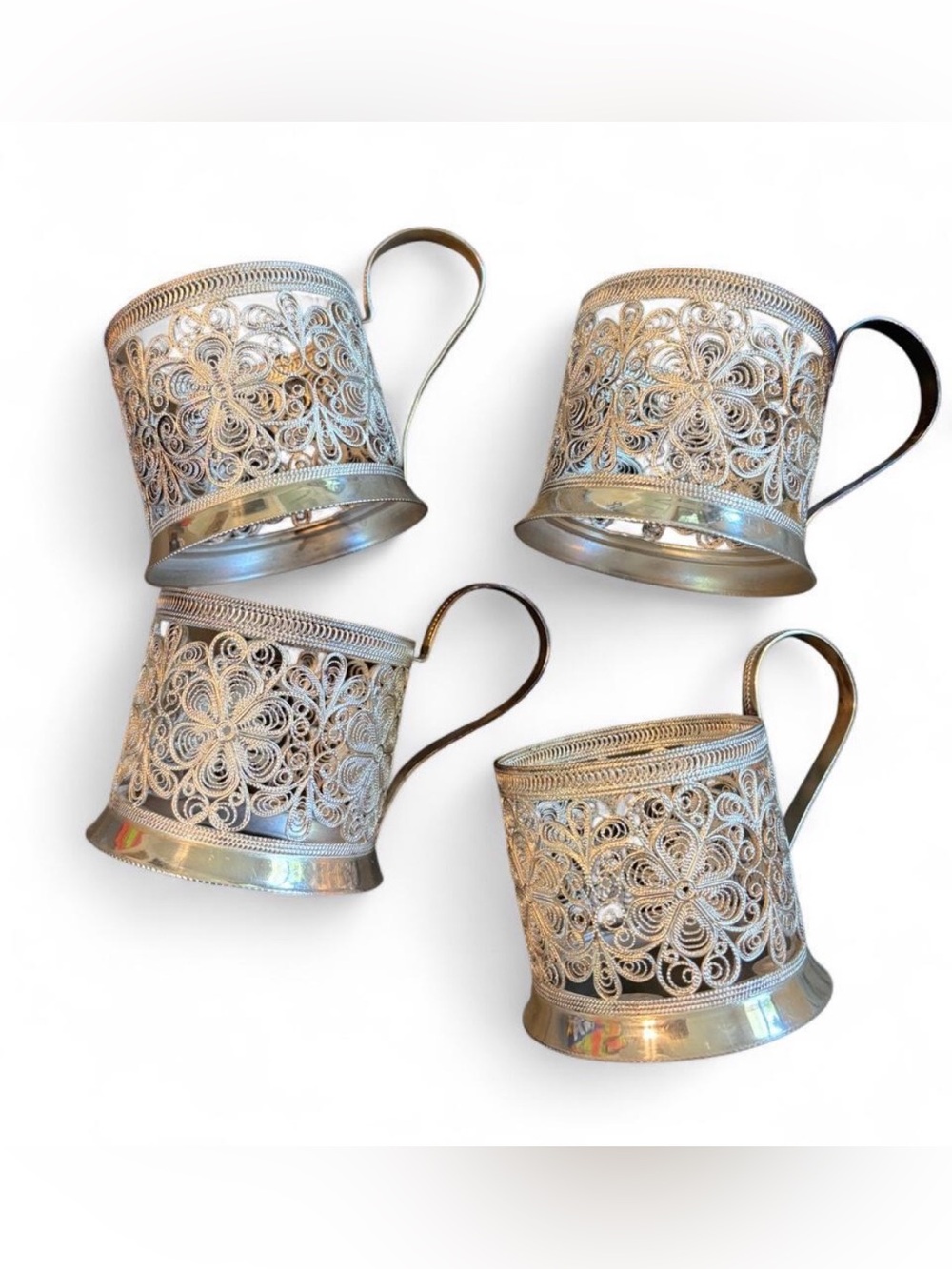 VINTAGE USSR RUSSIAN SILVER-PLATED METAL FILIGREE TEA GLASS HOLDERS PODSTAKANNIK